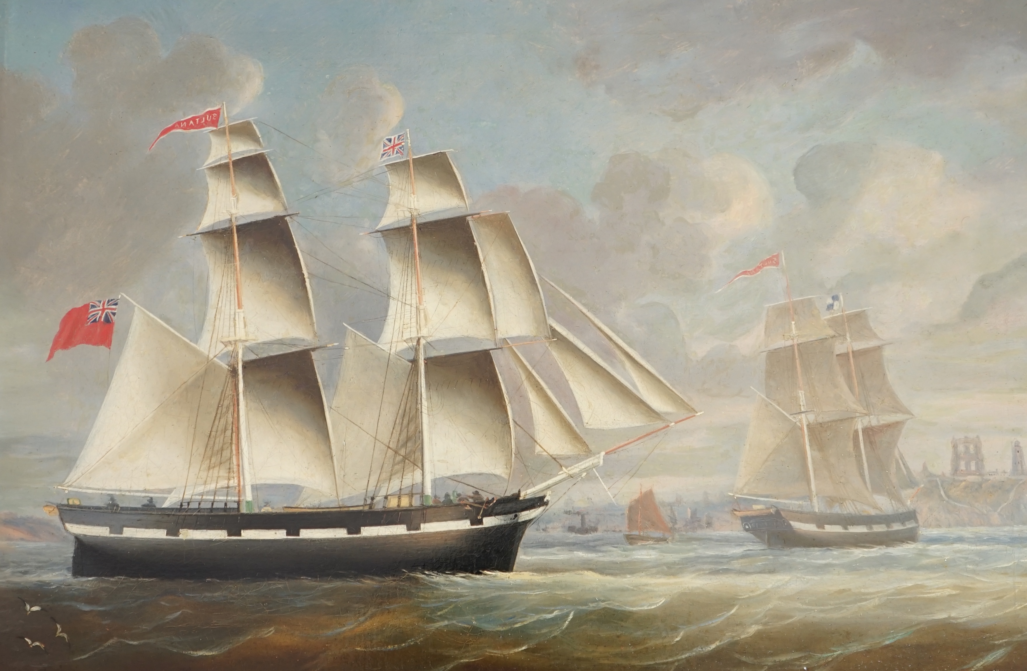 G.E. Smith (c.19thC.), Two ships of the ‘Sultana’ line, entering port, oil on canvas, 48 x 74cm